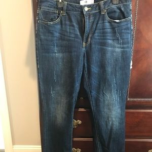 Cabi Style #3561 High Straight Distressed Dark Wash Jeans Size 12